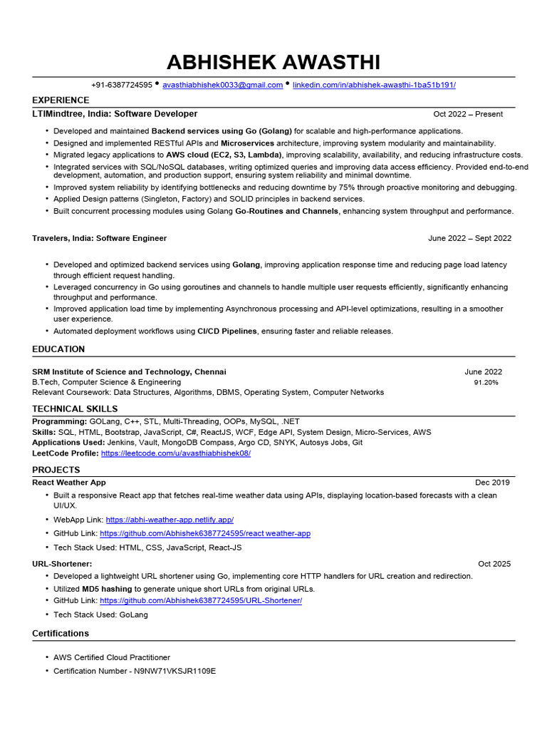 Abhishek Awasthi Golang SDE Resume | PDF | Databases | Amazon Web Services