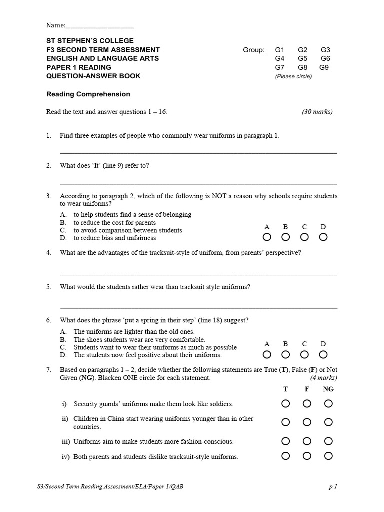 S3 U.6 Reading Assessment QAB | PDF | Chess | Chess Theory
