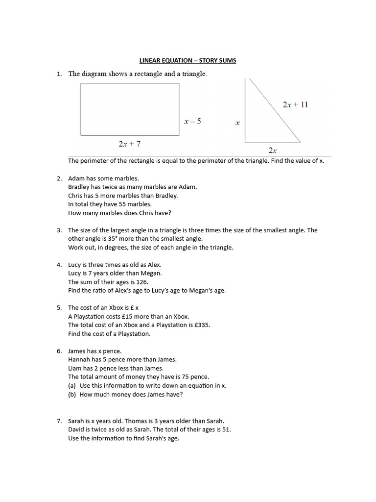 Handout 3 - Linear Equations Story Sums | PDF