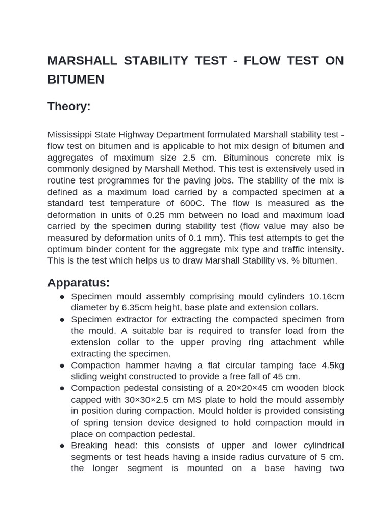 Marshall Stability Test - Flow Test On Bitumen | PDF | Flow Measurement ...