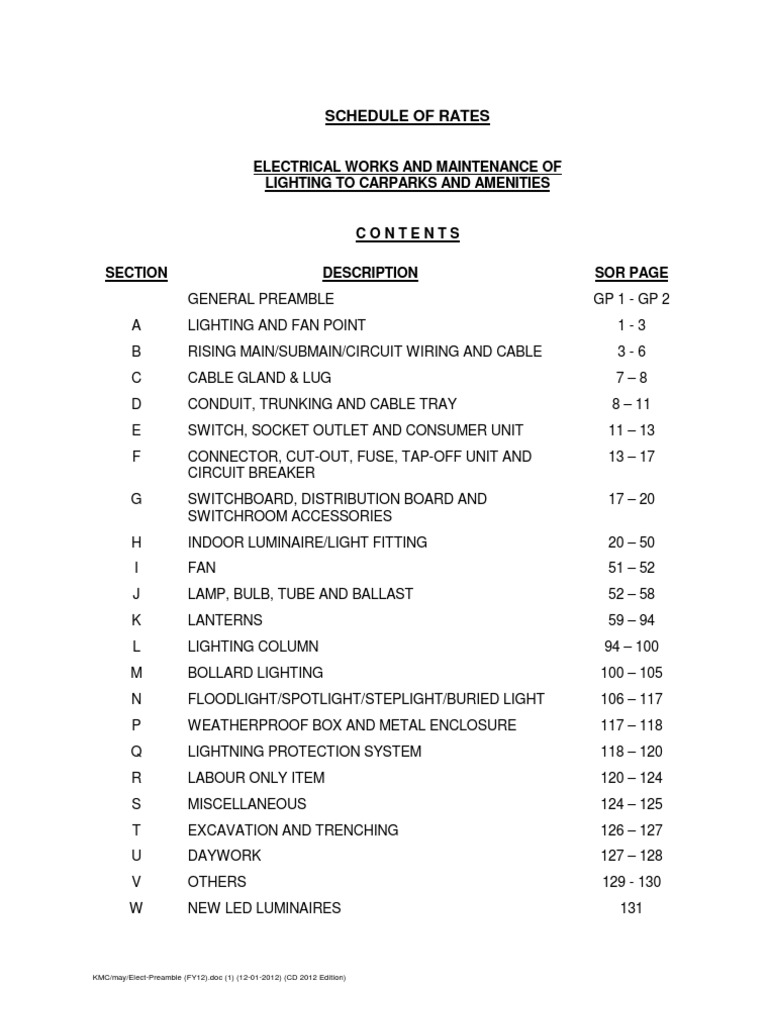 Electrical Works Rate Schedule for Lighting | PDF | Electrical Wiring ...