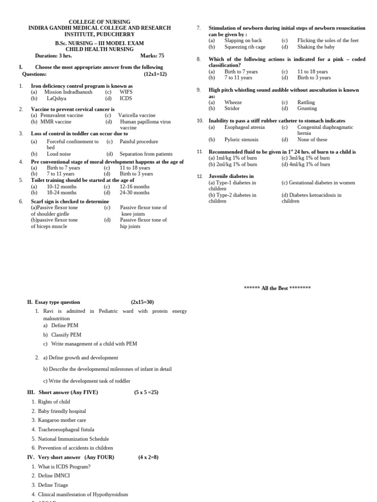 CHN - Marks - Model Exam 2026 | PDF | Clinical Medicine | Diseases And ...