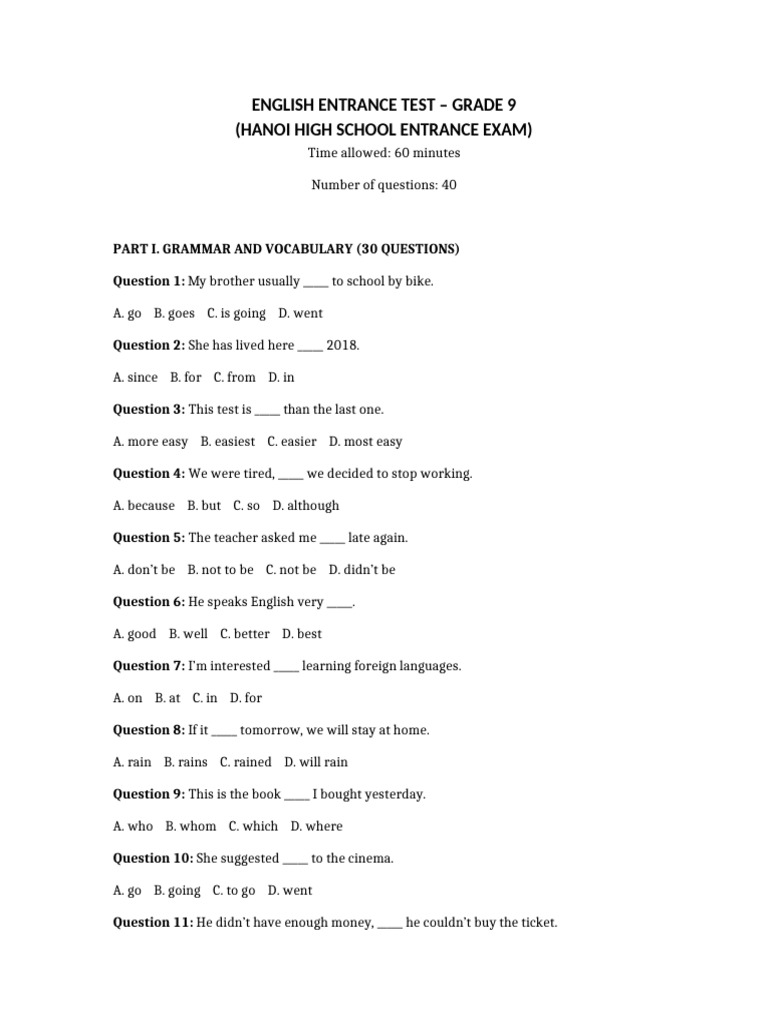 English Test Grade 9 Hanoi Entrance Revised | PDF | Question | Linguistics