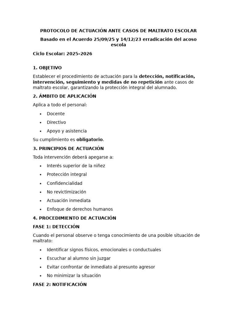 Protocolo de Actuación Ante Casos de Maltrato Escolar para Firmar | PDF ...