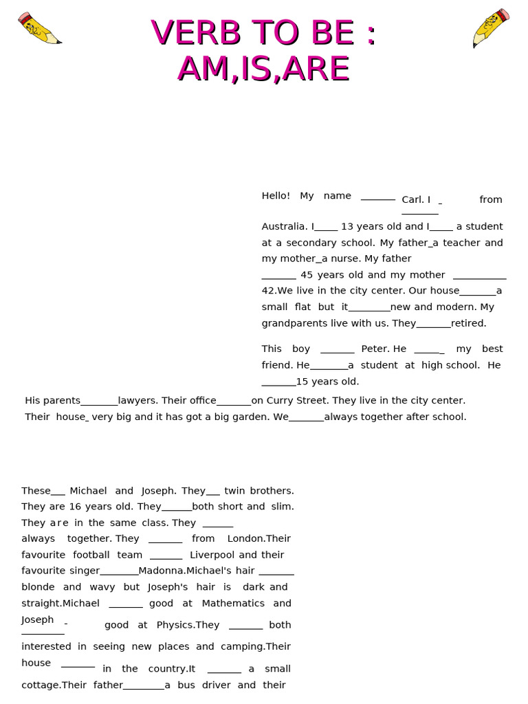 Verb To Be (Am Is Are) Worksheet | PDF