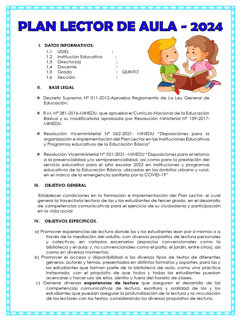 5 Plan Anual de Lectura Completo 2024 | PDF | Salón de clases ...