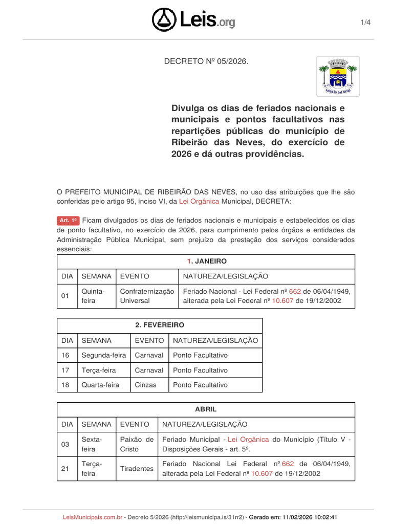 Decreto 5 2026 Ribeirao Das Neves MG Feriados e Recesso 2026 | PDF | Brasil