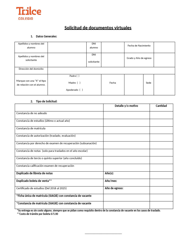 Trilce Formato de Solicitud Trámites Virtuales 2026 | PDF