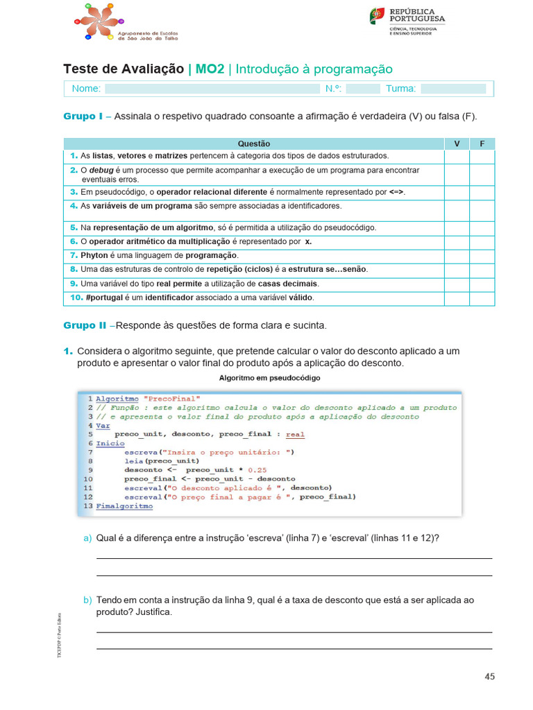 Teste Teórico - Introdução À Programação | PDF | Programa de computador ...