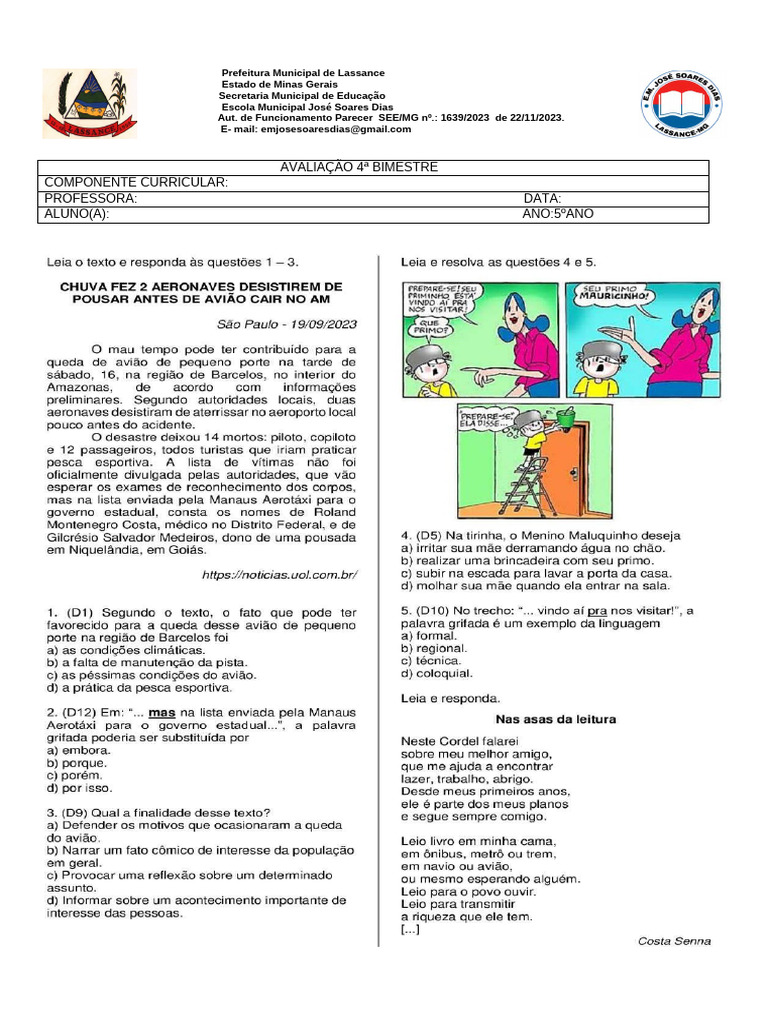 Simulado Saeb - Portugues 5ano - Tudo Sala de Aula | PDF
