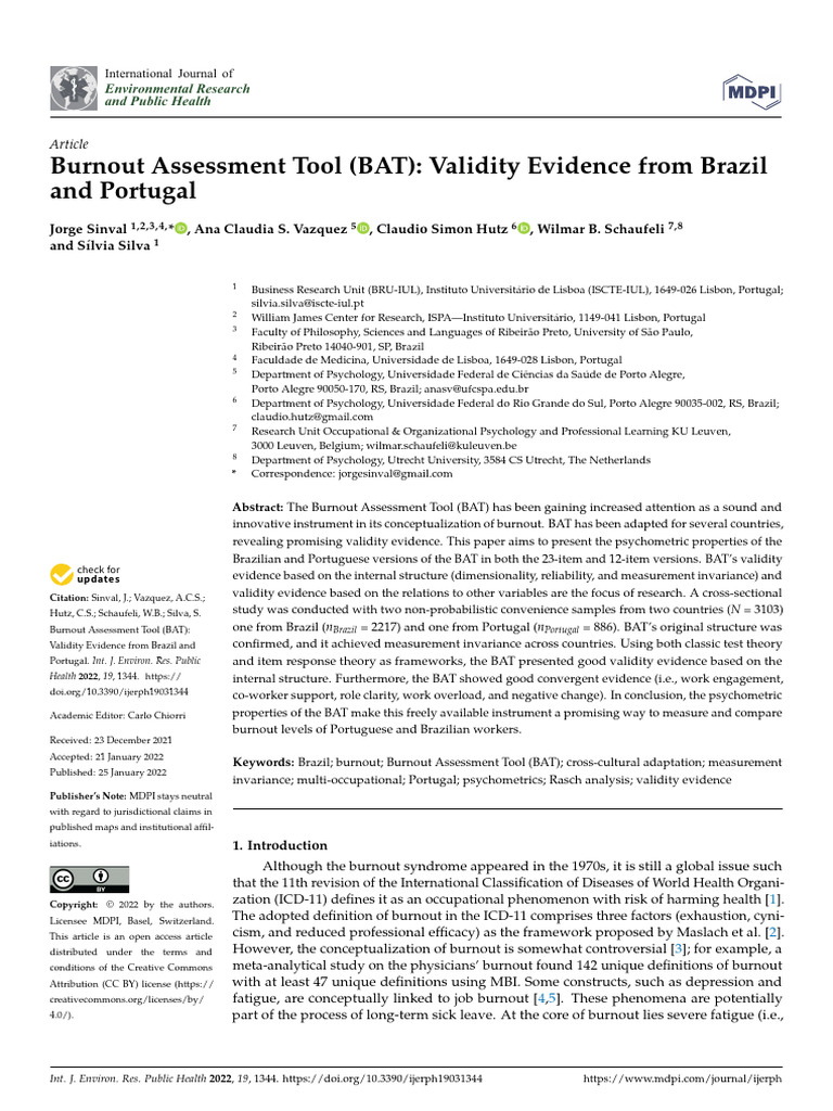 Burnout Assessment Tool (BAT) Validity Evidence From Brazil | PDF ...