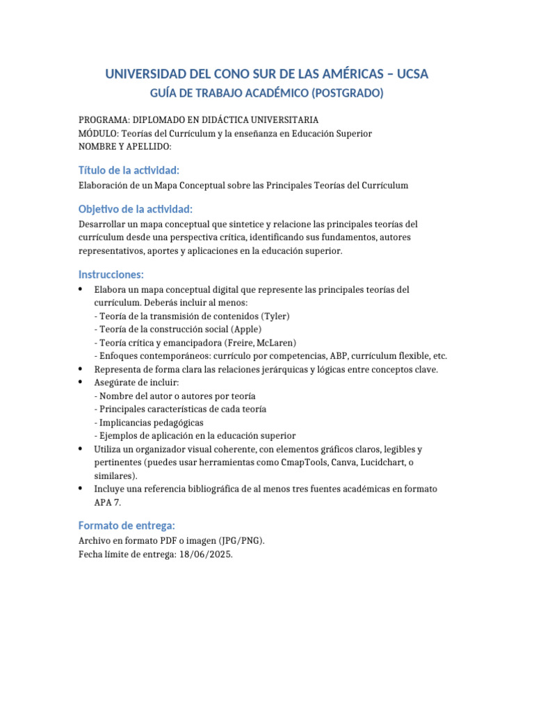 UCSA Guía Mapa Conceptual Teorías Currículum REV | PDF | Plan de ...