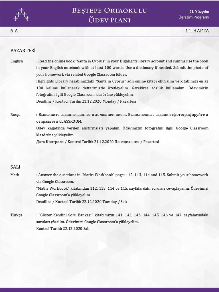 6-A 14. Hafta Odev Plani | PDF