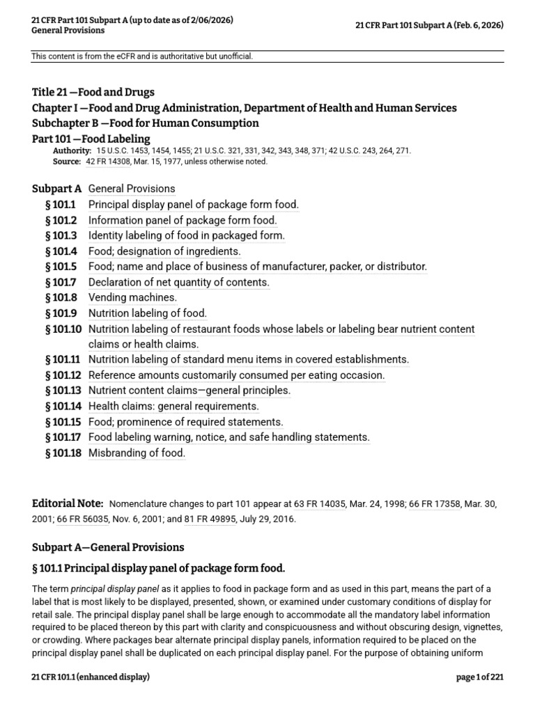 21 CFR Part 101 Subpart A (Up To Date As of 2-06-2026) | PDF ...