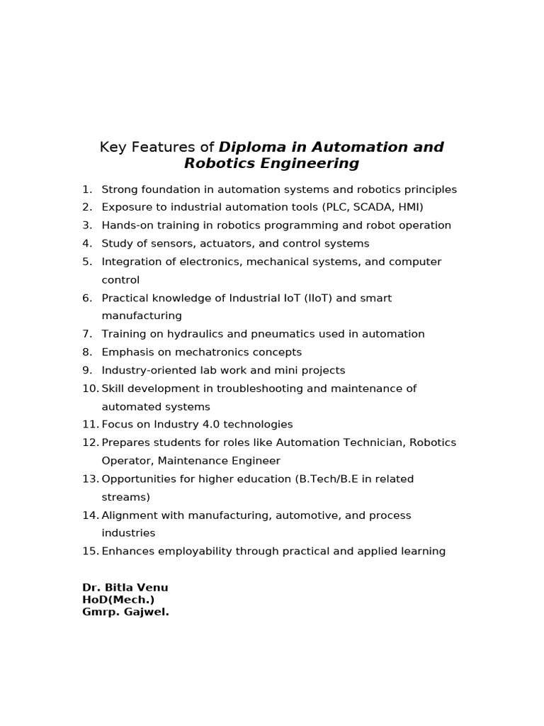 Key Features of Diploma in Automation and Robotics | PDF