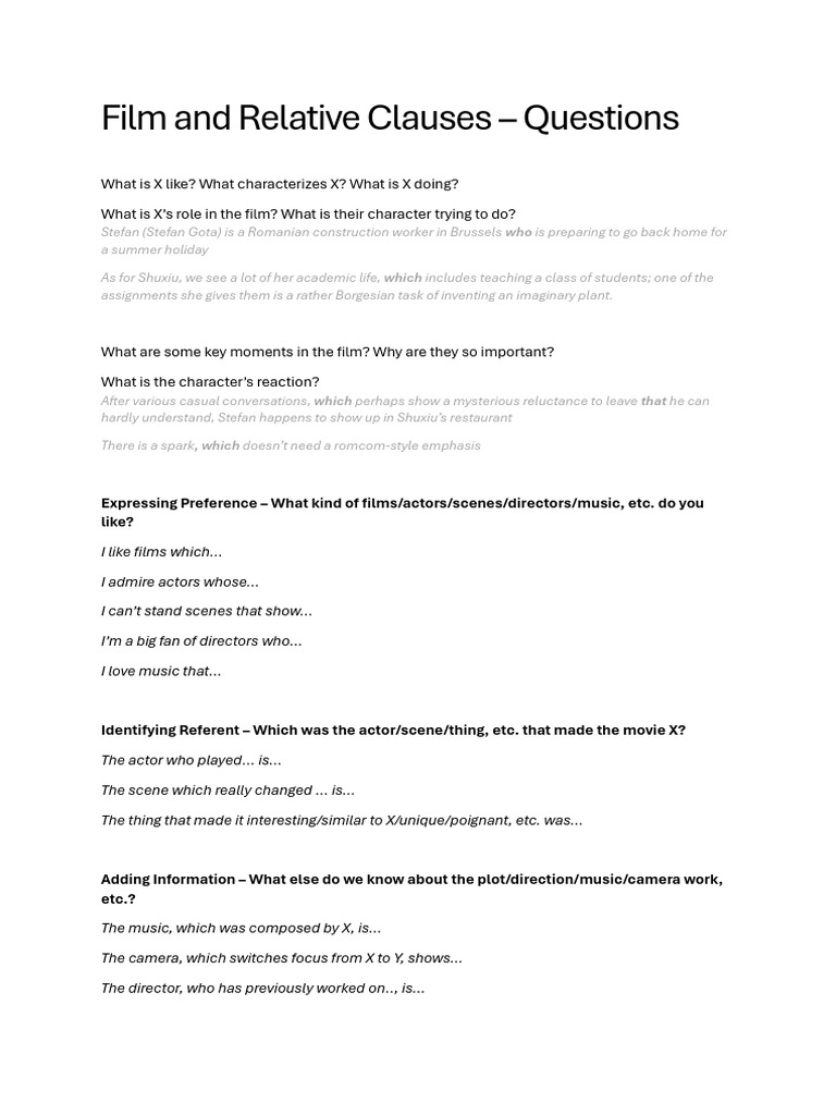 Film and Relative Clauses - Questions | PDF