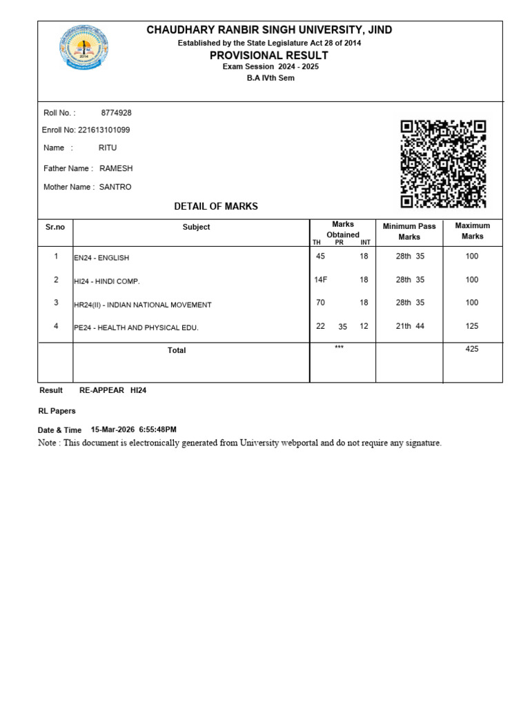 Provisional Marksheet | PDF