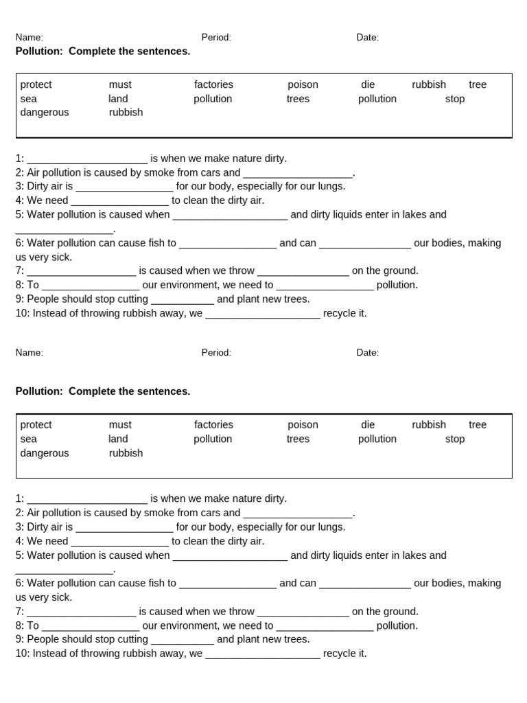 Pollution - Complete The Sentences | PDF | Waste | Pollution