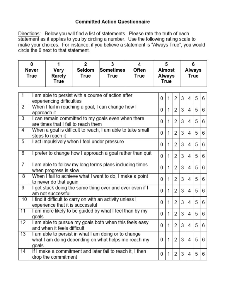 Committed-Action-Questionnaire 18items 0414 | PDF | Psychology