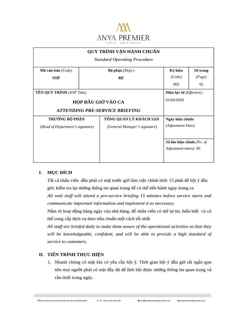 SOP RE 003 Attending Pre Service Briefing | PDF