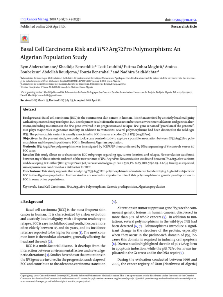 Basal Cell Carcinoma Risk and TP53 Arg72Pro PolymorphismAn | PDF