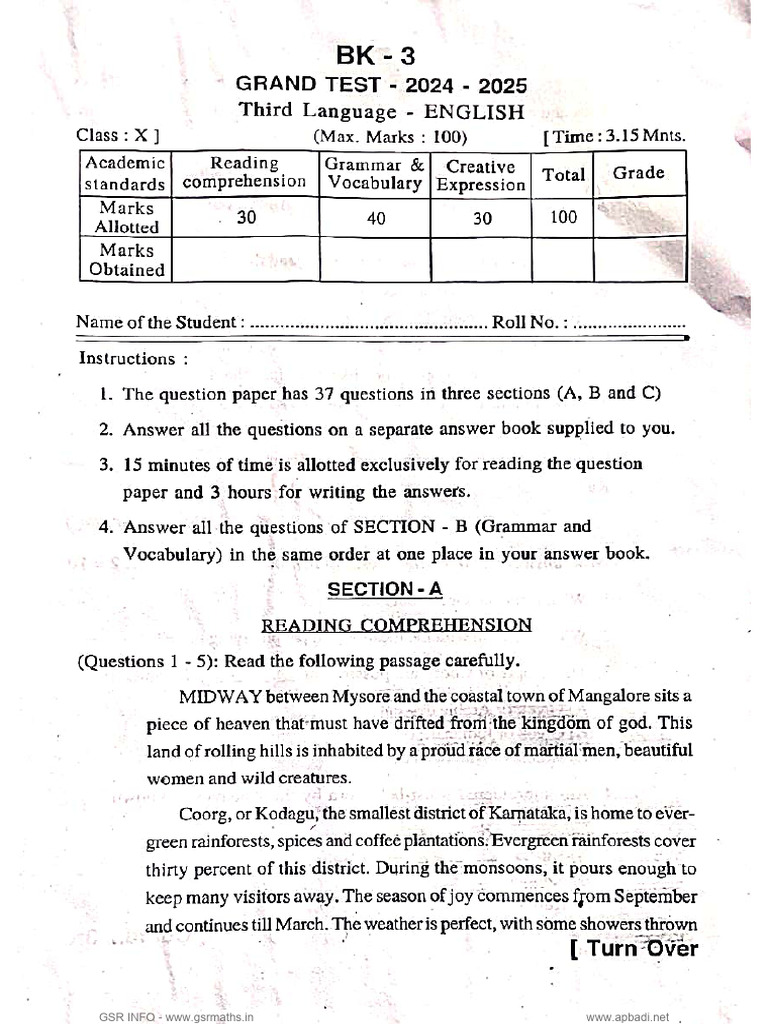 10th Class English Grand Test Question Paper | PDF