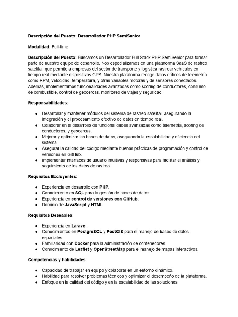 Descripción del Puesto_ Desarrollador Full Stack PHP SemiSenior (3) | PDF