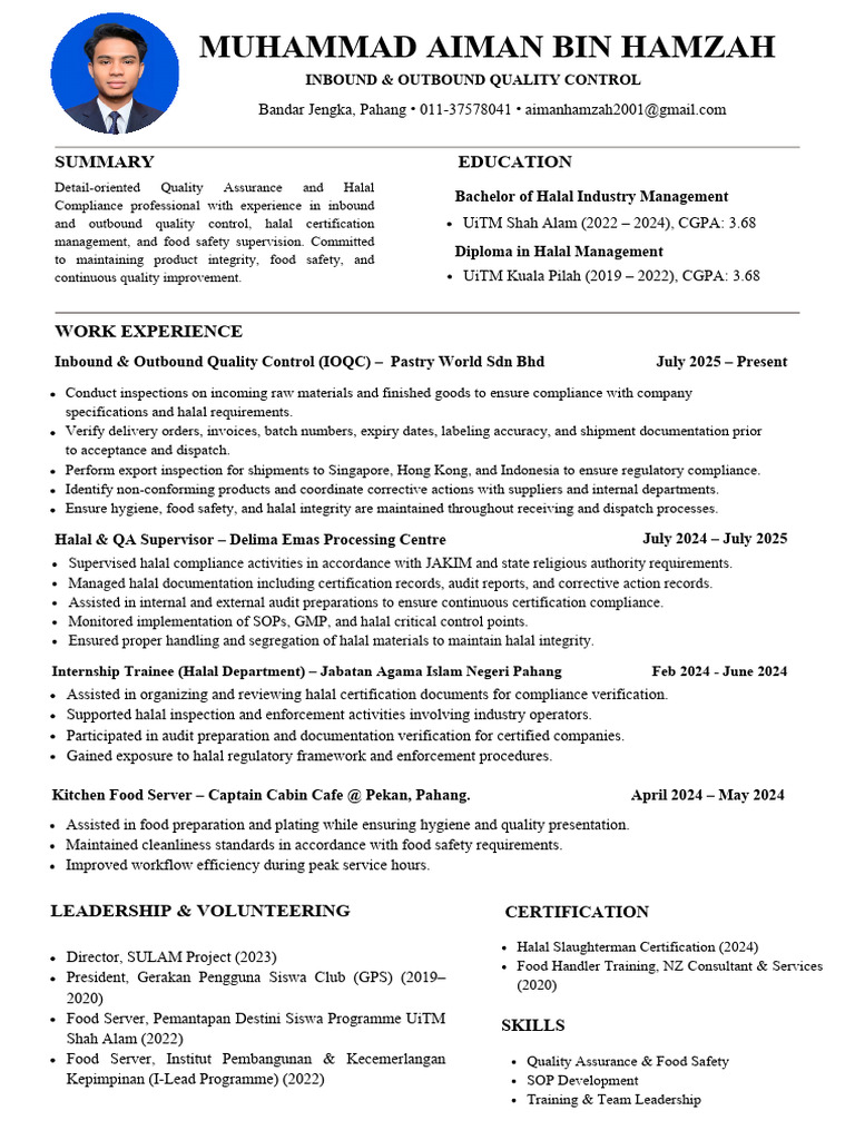 Muhammad Aiman Bin Hamzah Resume | PDF | Regulatory Compliance | Food ...