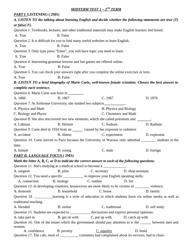 Midterm Test Handout | PDF | Marie Curie