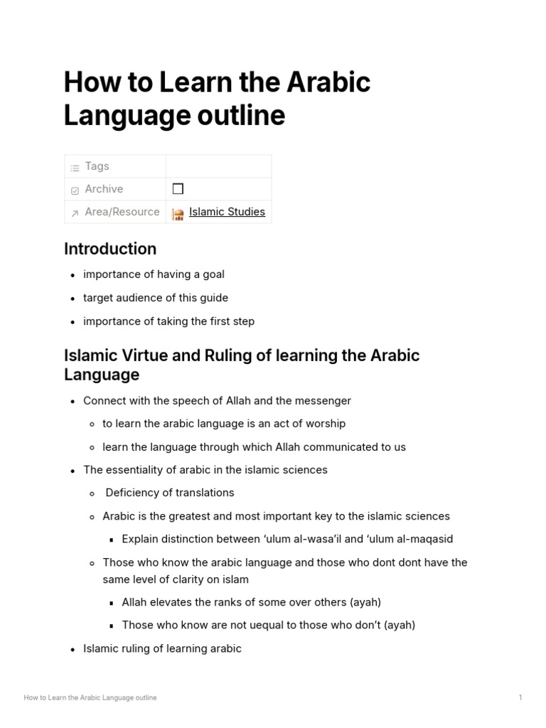 How To Learn The Arabic Language Outline | PDF | Vocabulary | Arabic