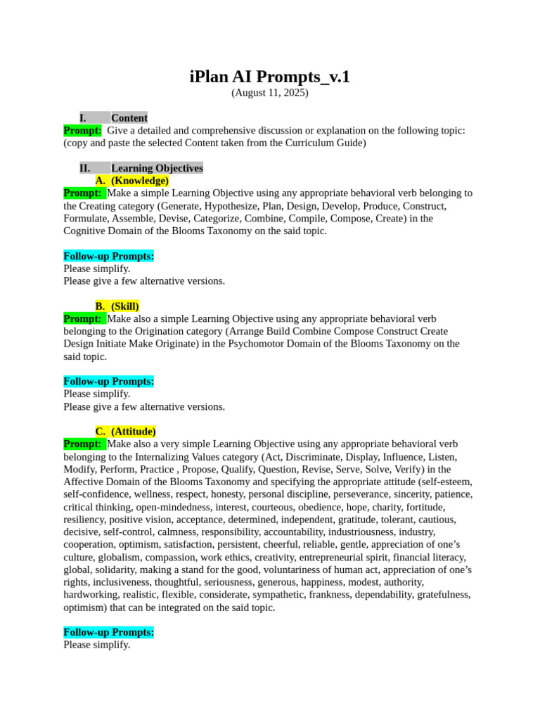 IPlan AI Prompts v.1 Aug112025 | PDF | Learning | Teachers
