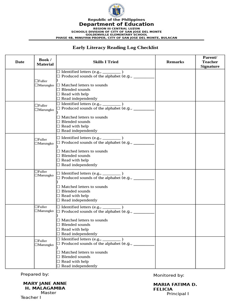 Reading Log Checklist Aral | PDF | Punctuation | Sentence (Linguistics)