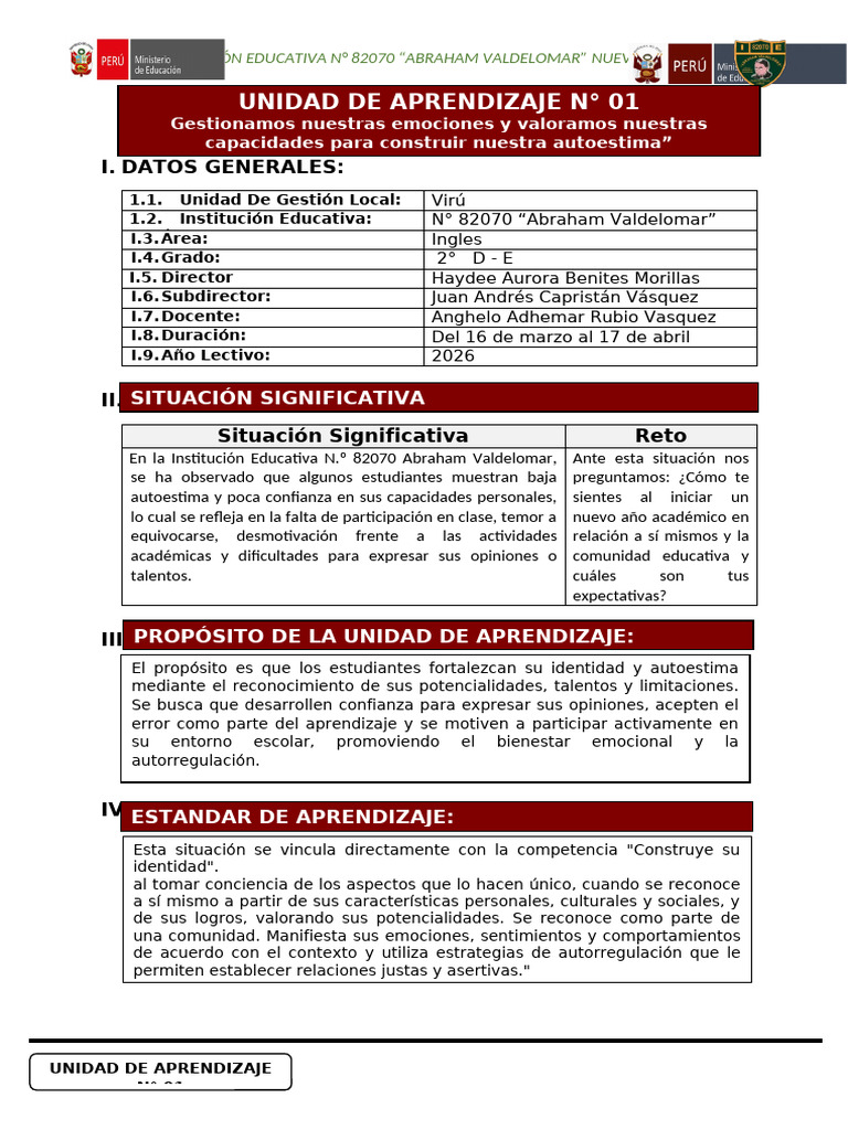 Unidad de Aprendizaje 1 - 2 Grado | PDF | Aprendizaje | Autorregulación ...