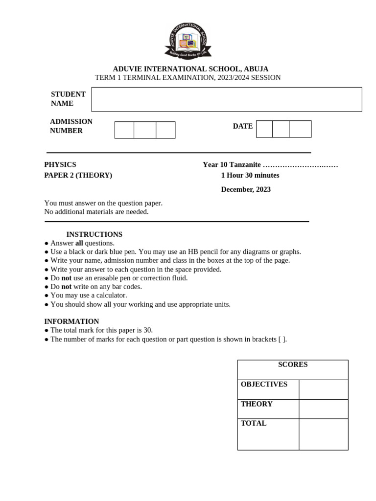 GC Physics Term 1 Examination 2023 | PDF