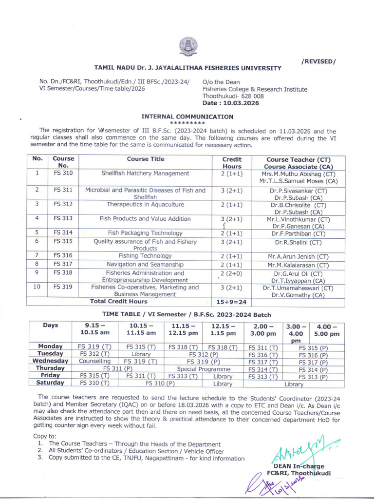 Revised - VI Sem - B.F.sc. 23-24 - Course Time Table | PDF