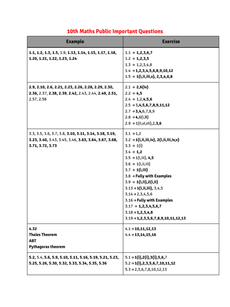 10th Maths Public Important Questions: Example Exercise | PDF