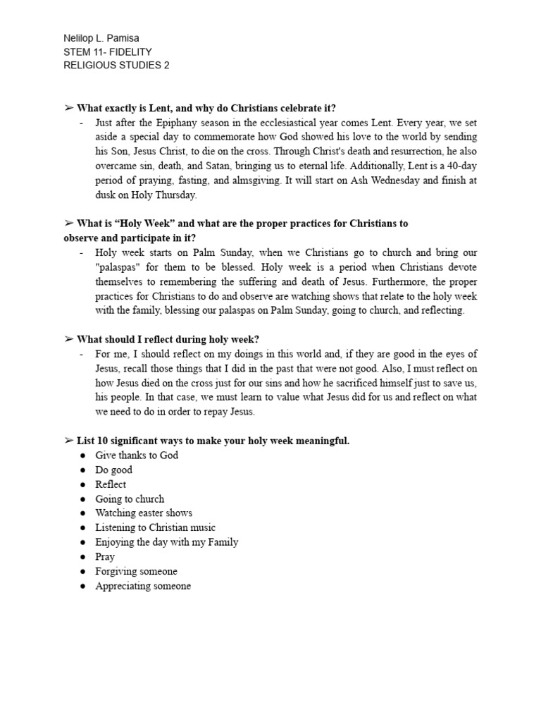 PAMISA - Religious Studies 2 | PDF | Lent | Liturgical Year