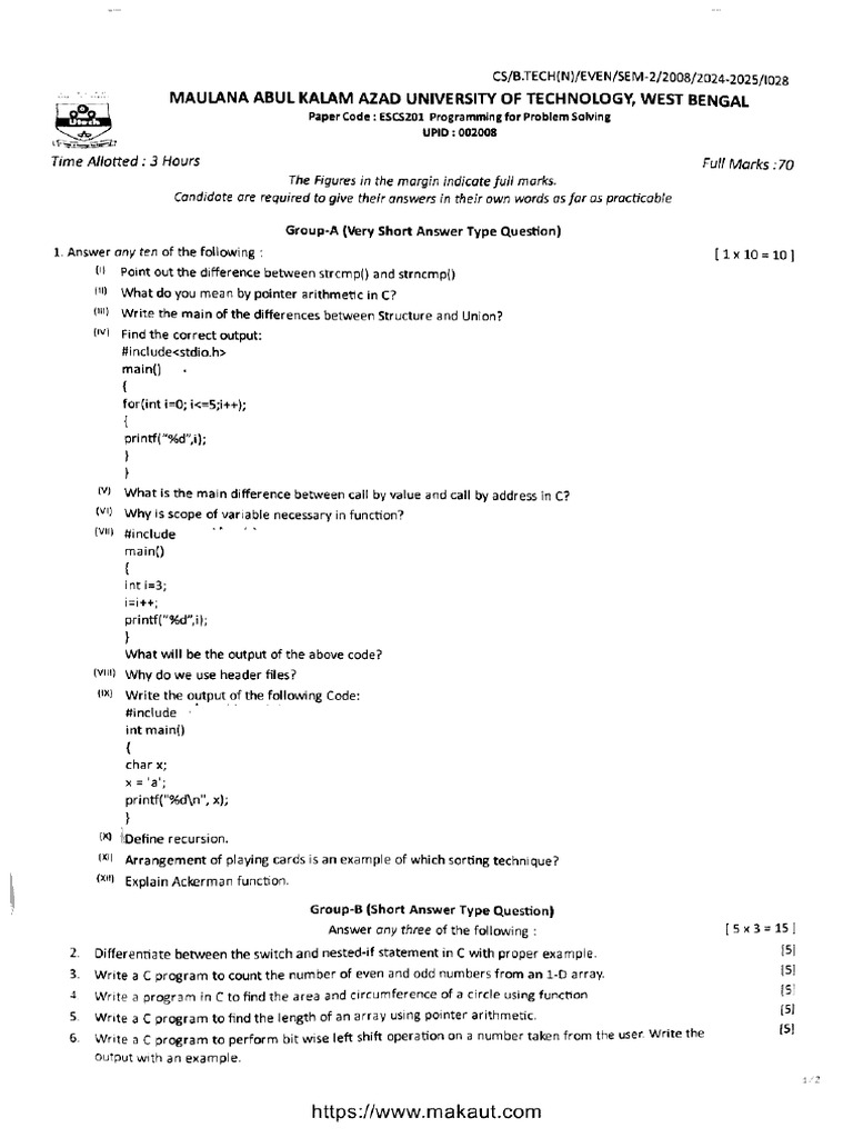 Btech 2 Sem Programming For Problem Solving Escs201 2025 | PDF