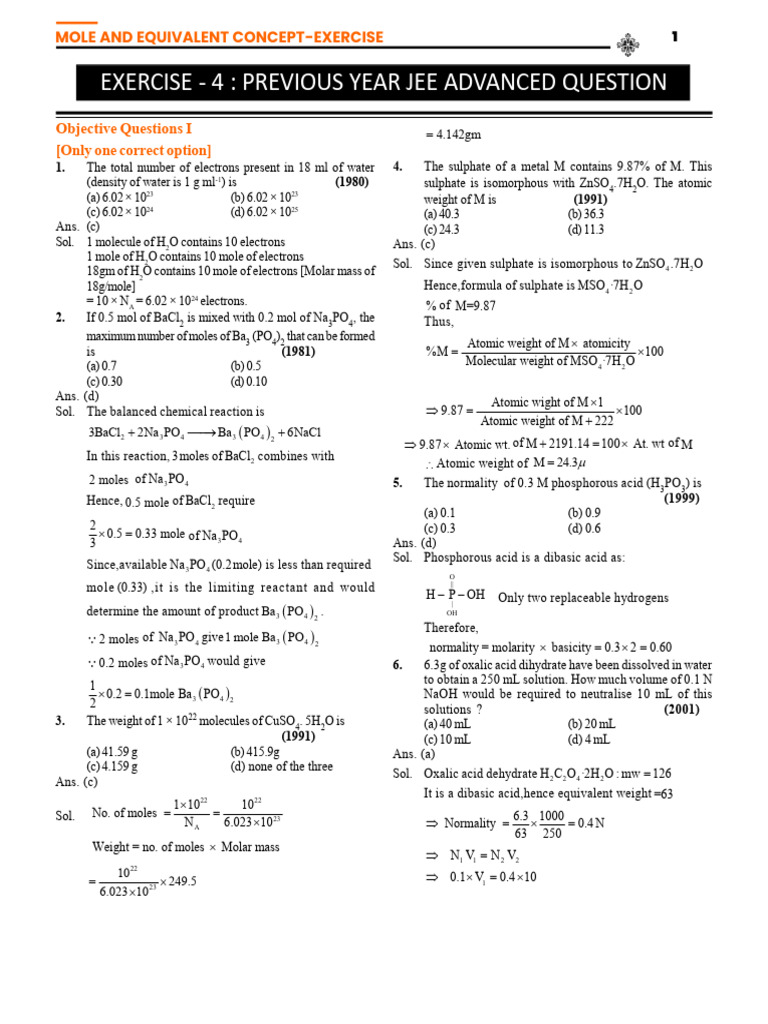 Mole and Equivalent Concept-Exercise-4 | PDF | Mole (Unit) | Scientific ...
