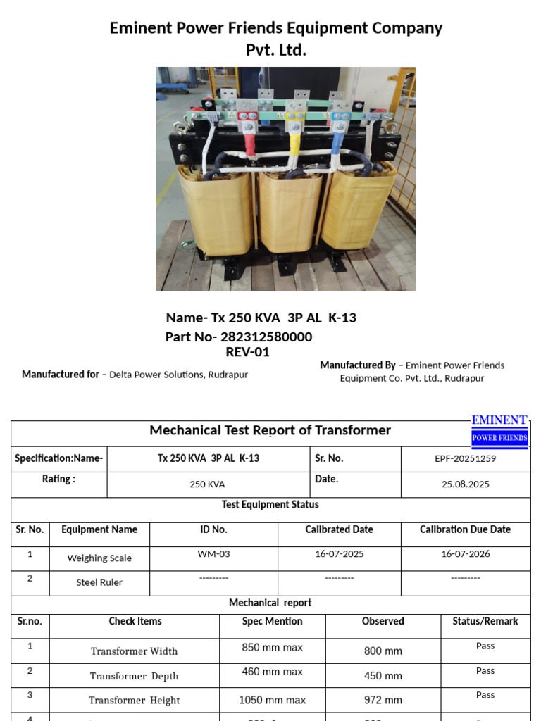Sample Presentation Report - TX 250 KVA 3P K-13 AL | PDF | Transformer ...
