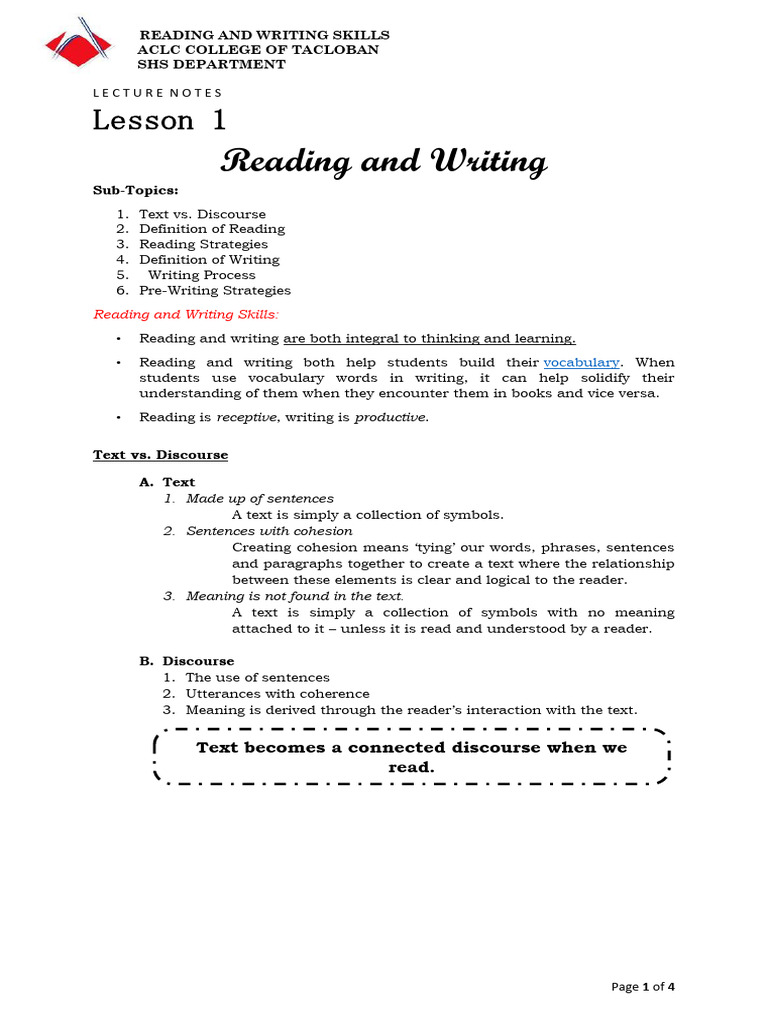 Lesson 1 Reading and Writing | PDF | Speed Reading | Literacy
