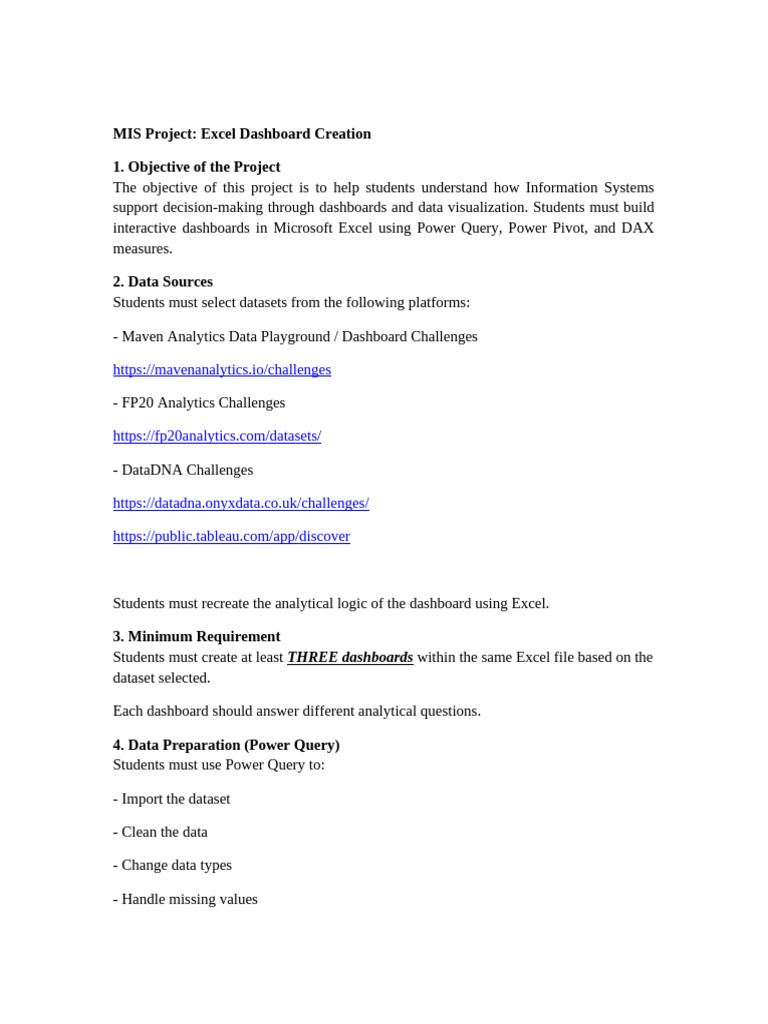 MIS Dashboard Project Guidelines | PDF | Microsoft Excel | Analytics