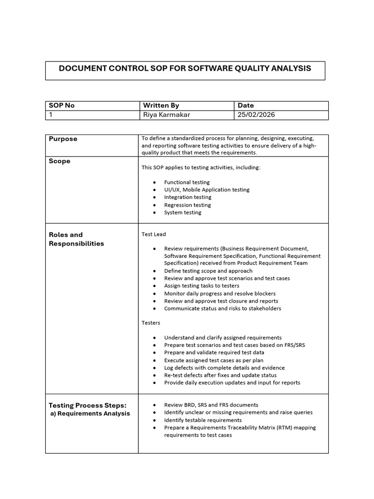 Document Control Sop For Software Quality Analysis | PDF | Software ...