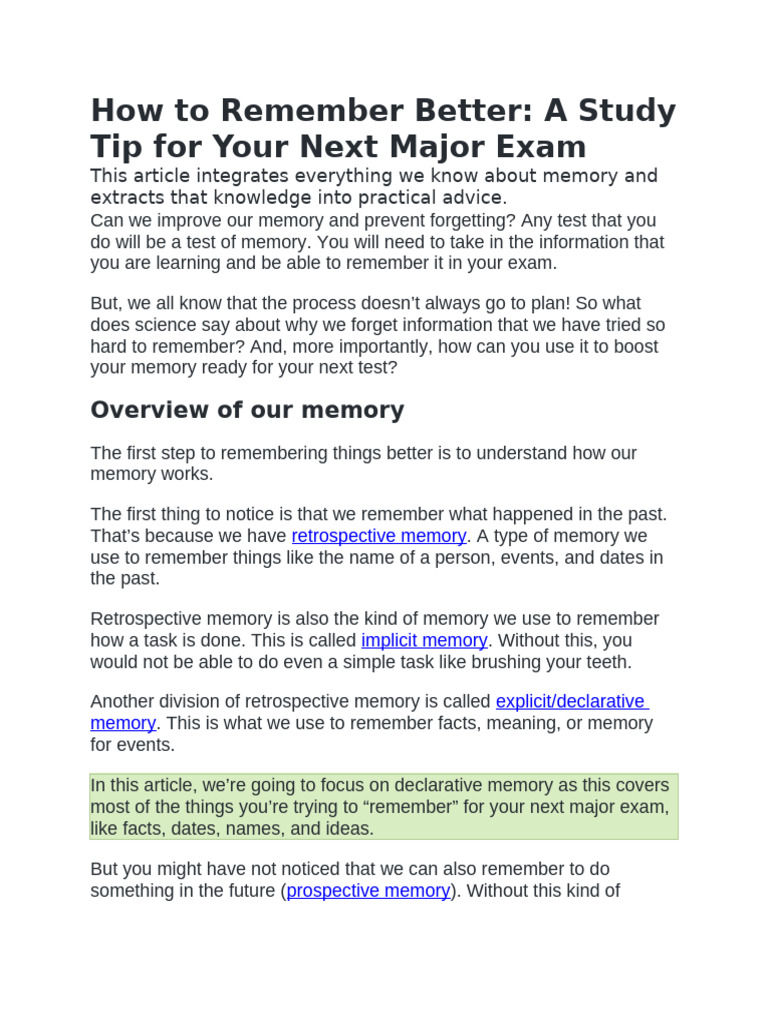 How To Remember Better in Studying For Examination | PDF | Memory | Sleep