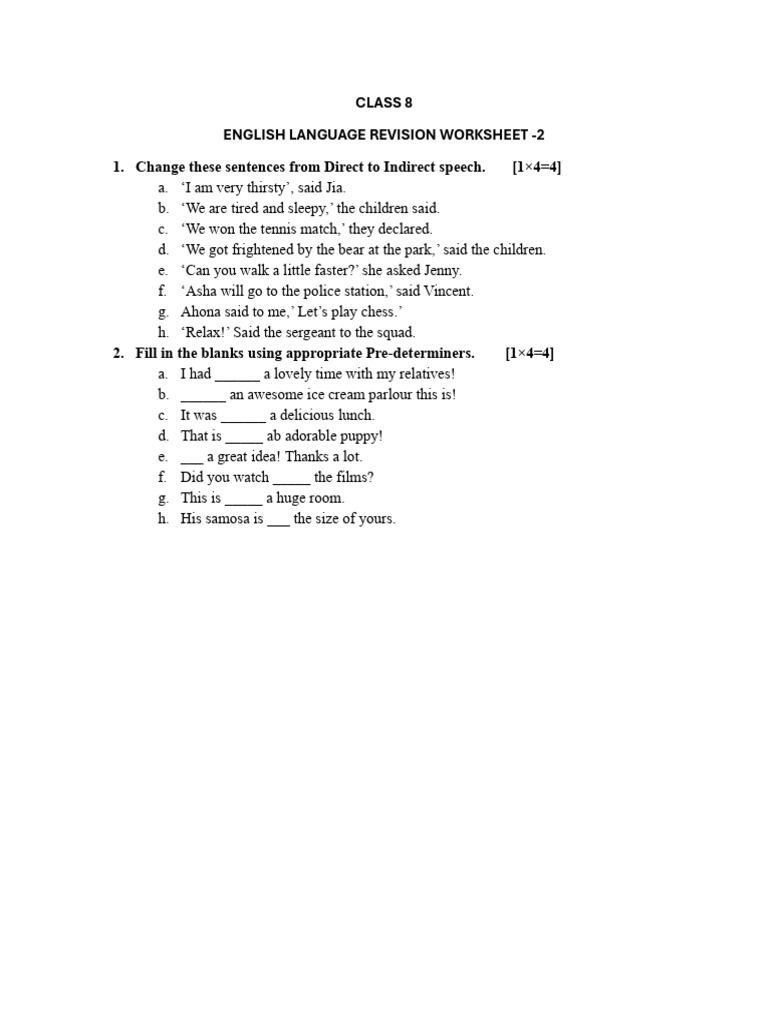 Class 8 English Language Revision Worksheet 2 | PDF