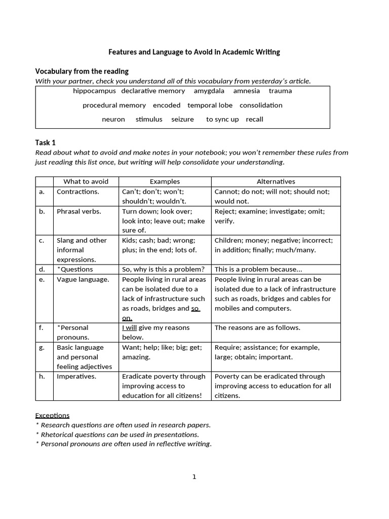 1.2 Academic Language Worksheet | PDF | Memory | Amnesia
