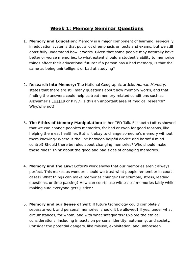 1.4 Seminar Questions - Memory | PDF