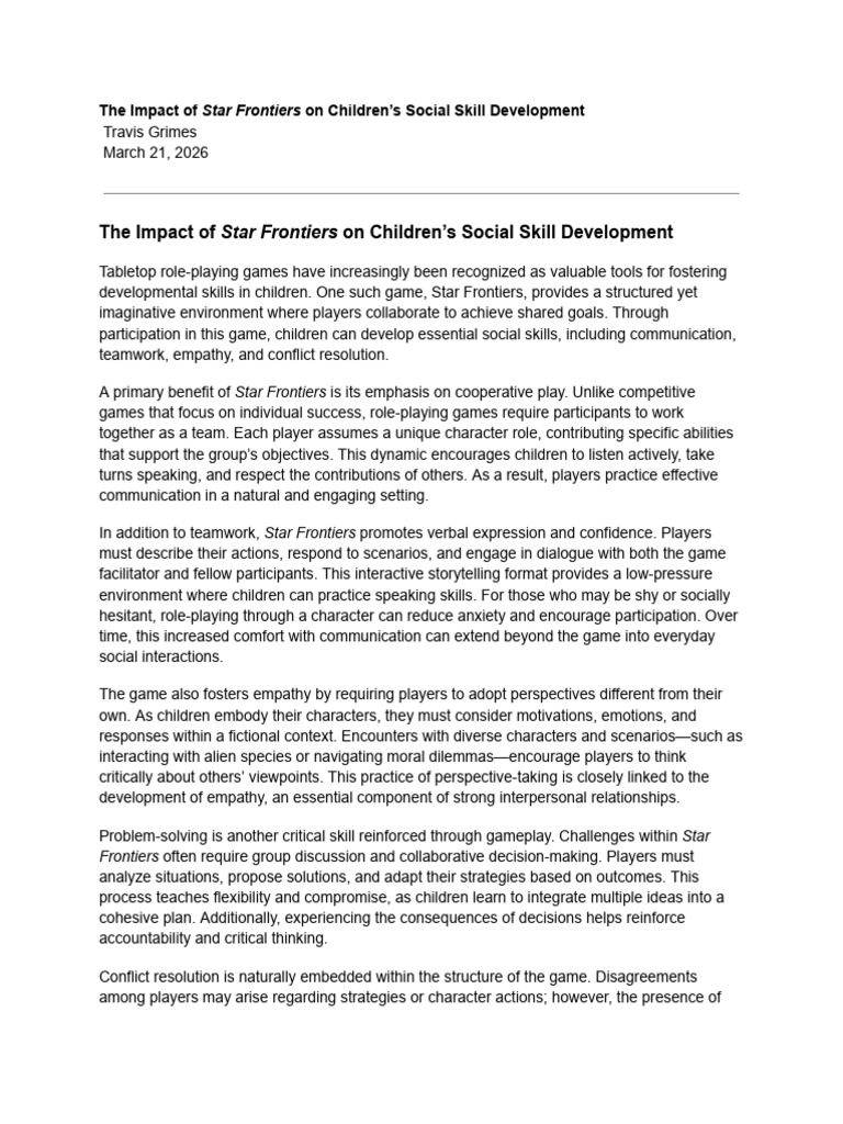 The Impact of Star Frontiers On Children's Social Skill Development ...