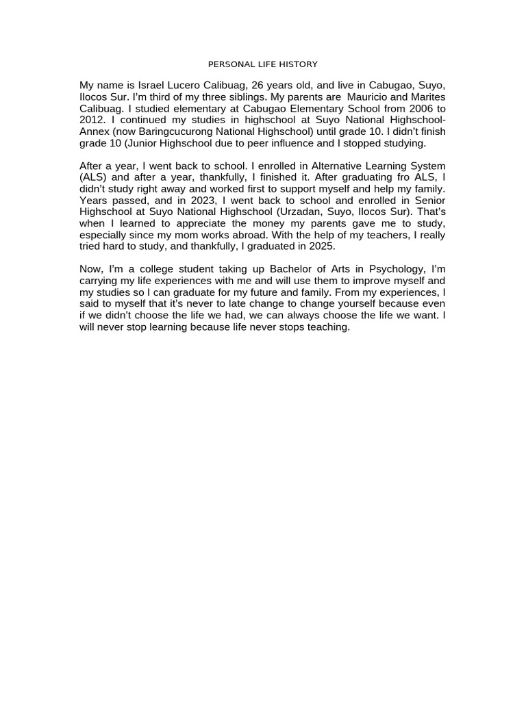Personal Life History | PDF