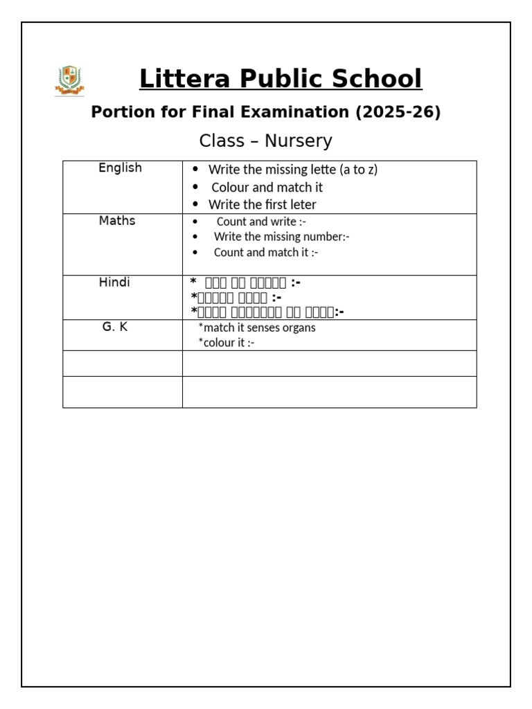 Portion For Final Examination For Class Nursery | PDF